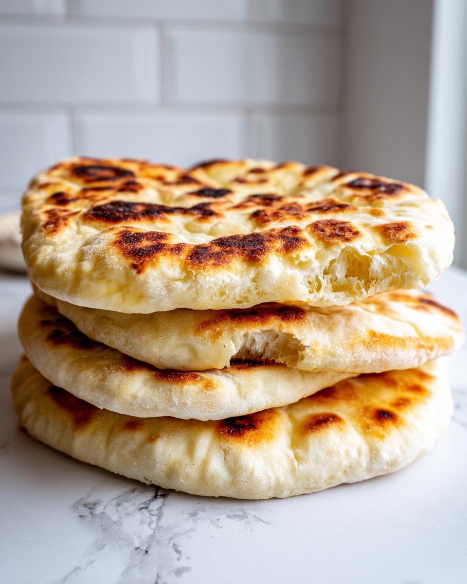 A stack of three fluffy pita bread rounds showing charred spots and an open pocket in the top piece.
