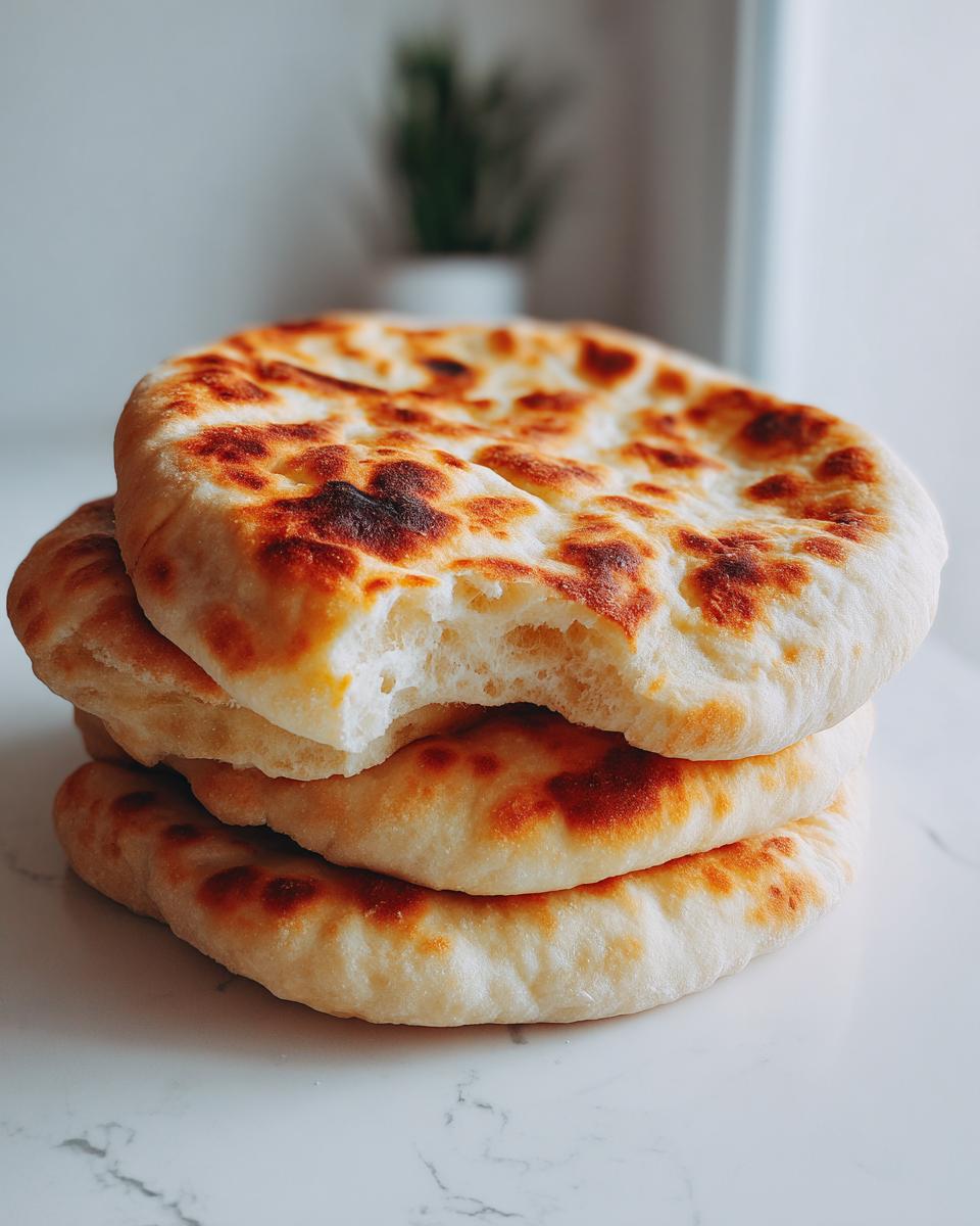 A stack of three golden-brown, fluffy pita bread rounds, with a bite taken from the top pita bread.