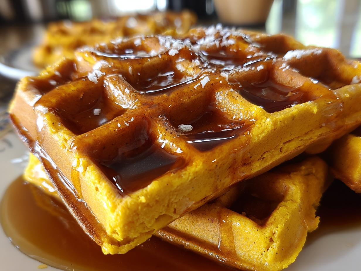 Close-up of stacked, fluffy pumpkin waffles generously topped with dark syrup and a sprinkle of white topping.