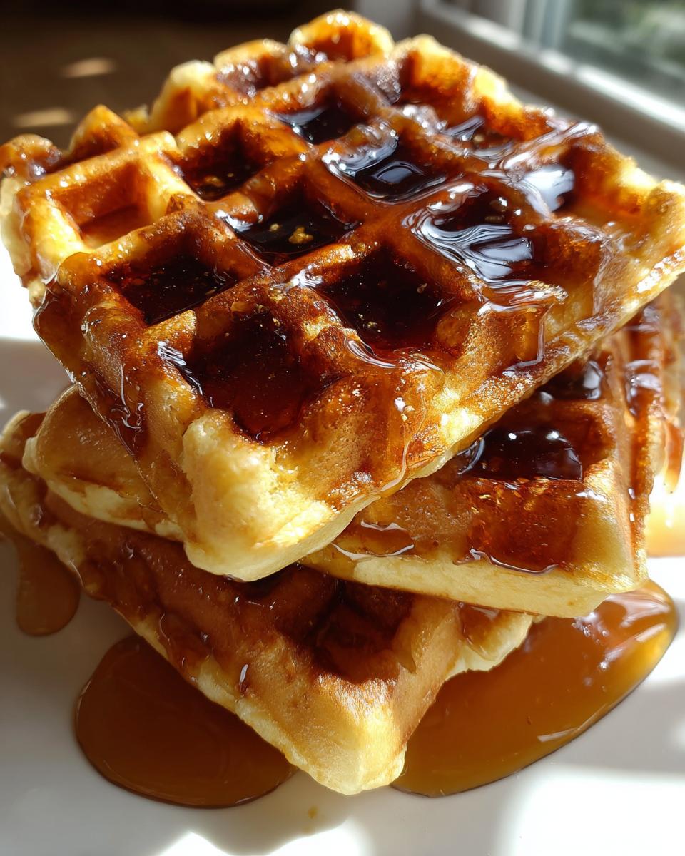 A close-up of three stacked, golden-brown pumpkin waffles generously drizzled with syrup.
