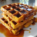 A close-up of a stack of three fluffy pumpkin waffles generously drizzled with dark maple syrup.