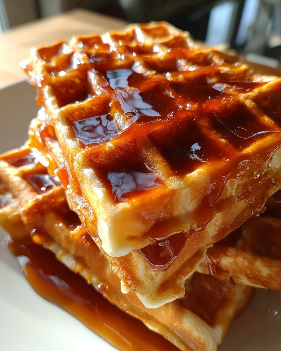 A close-up stack of fluffy pumpkin waffles generously drizzled with dark amber syrup.