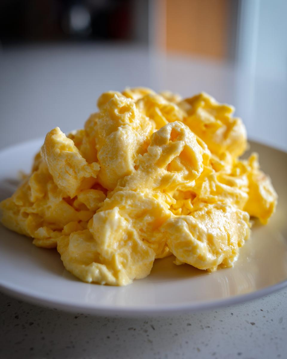 A close-up of perfectly fluffy, creamy scrambled eggs piled high on a white plate.