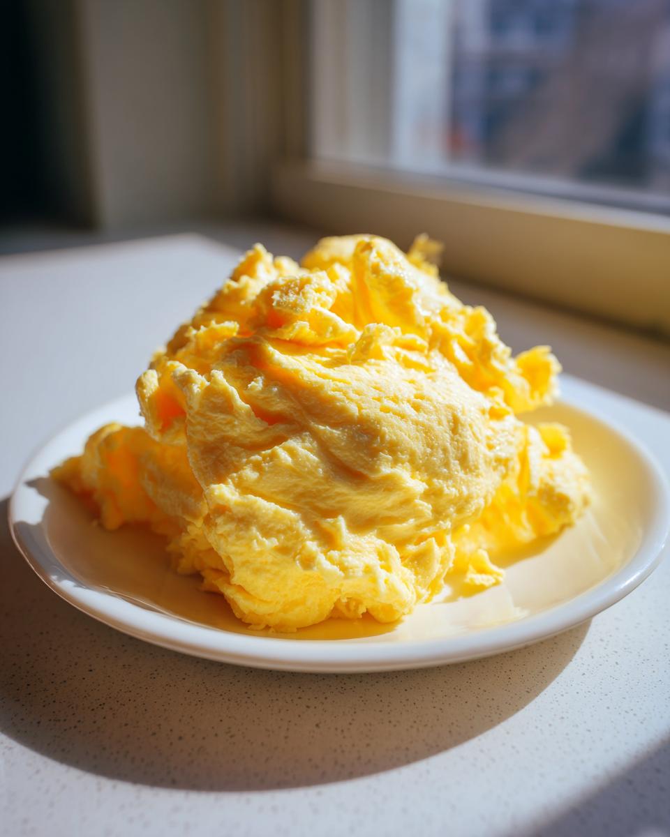 A generous serving of bright yellow, fluffy scrambled eggs piled high on a white plate near a window.