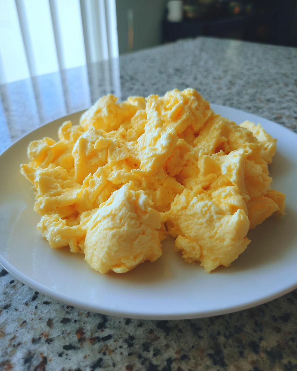 A close-up of soft, fluffy scrambled eggs piled high on a white plate, ready to eat.