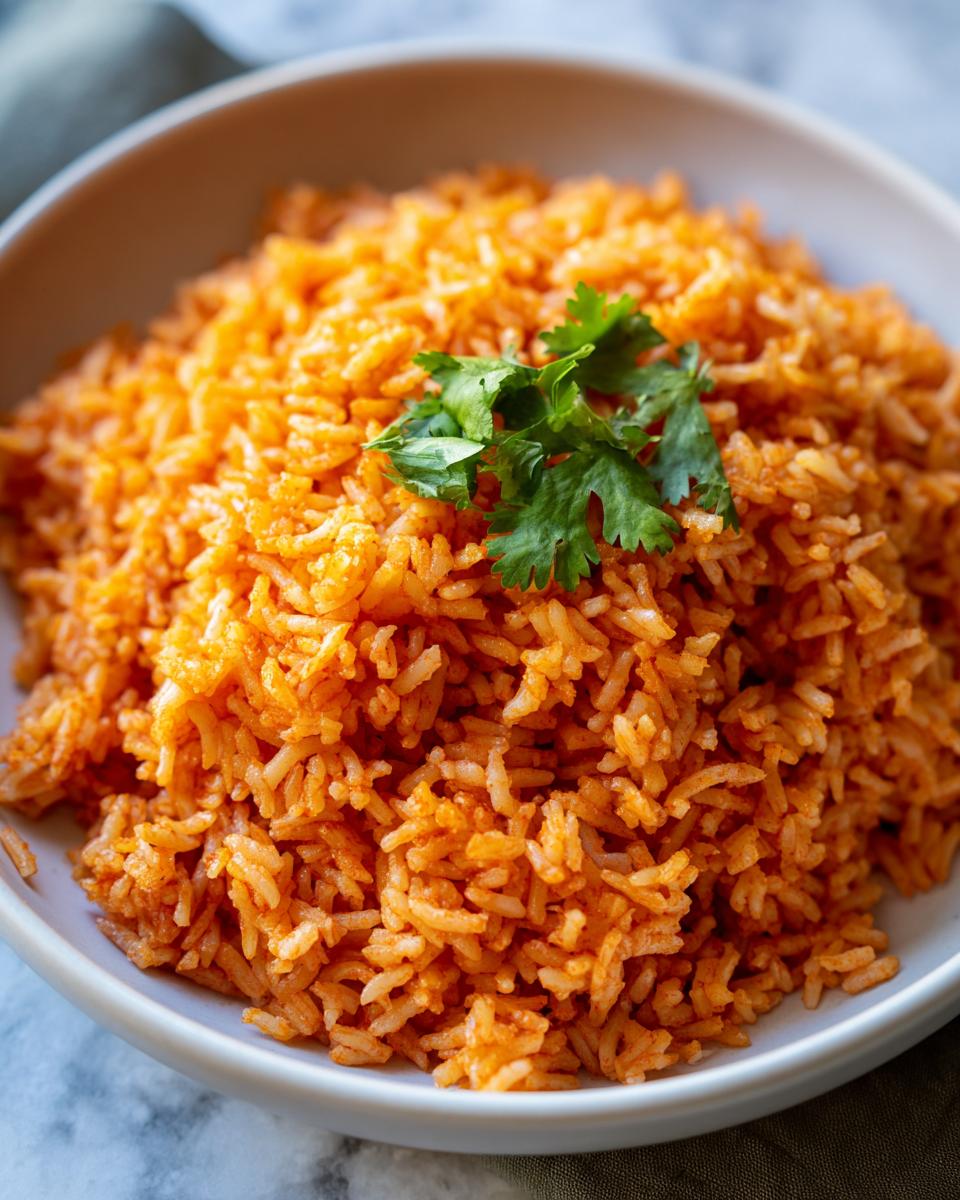 Close-up of a bowl filled with fluffy, vibrant orange Spanish rice, topped with fresh cilantro.
