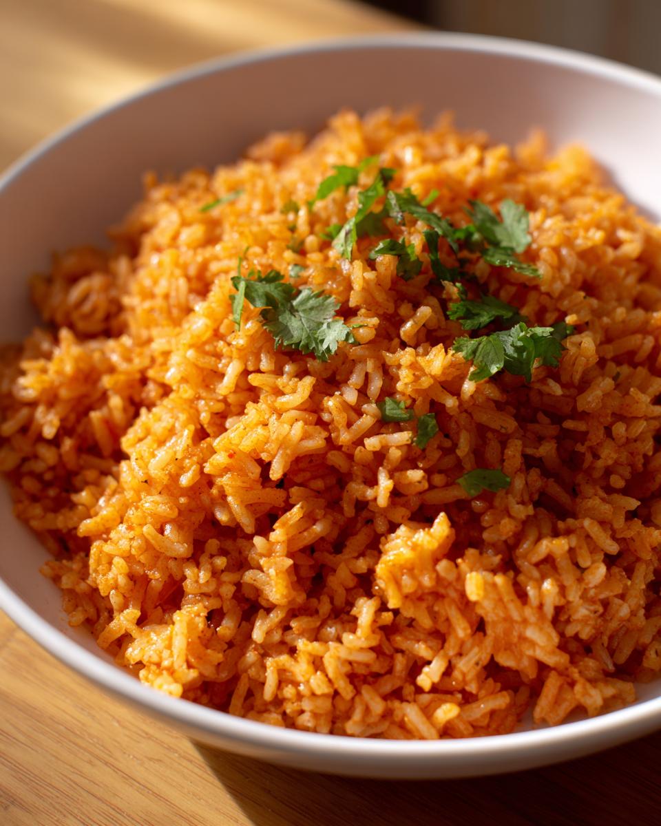 Close-up of perfectly cooked, fluffy orange spanish rice garnished with fresh cilantro in a white bowl.