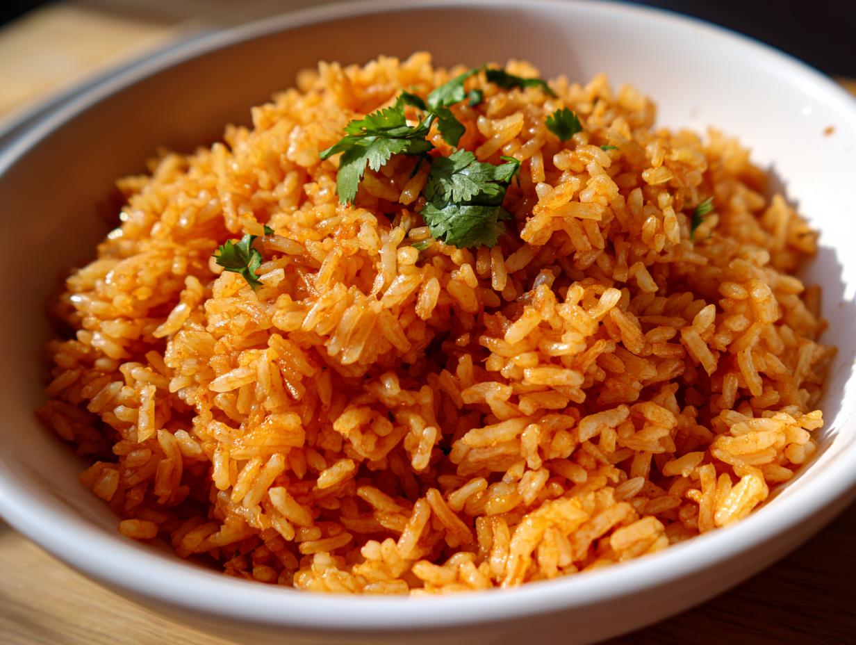 Close-up of a white bowl filled with vibrant, fluffy spanish rice garnished with fresh cilantro.