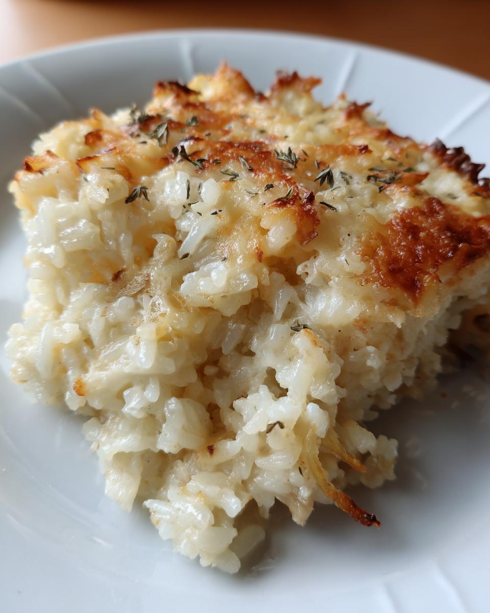 A close-up of a serving of baked french onion butter rice with a golden, cheesy crust and thyme garnish.
