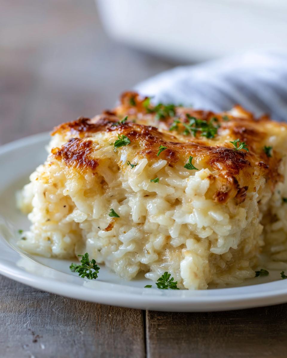 A close-up of a square serving of creamy french onion butter rice, topped with melted, browned cheese and fresh parsley.