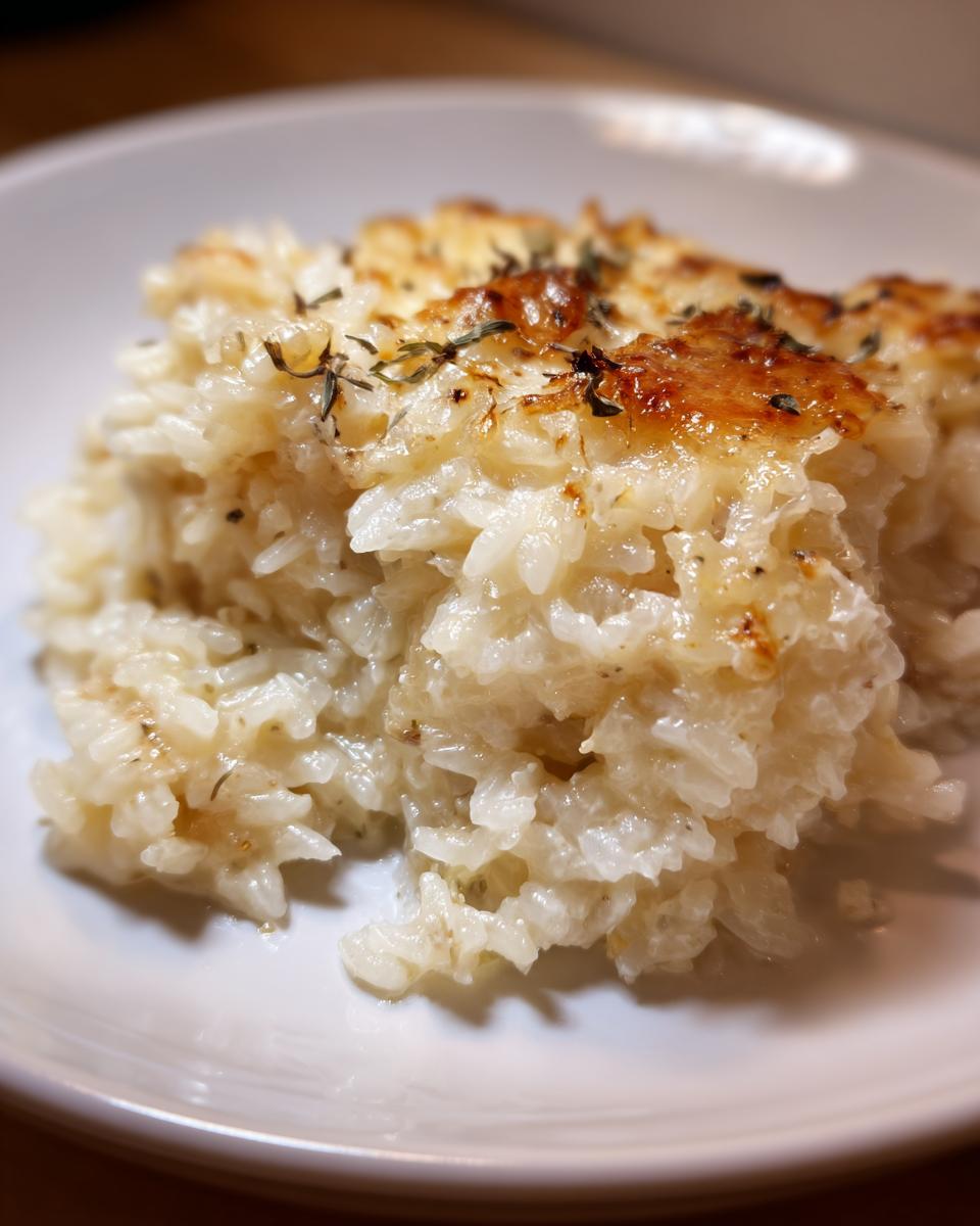 Close-up of a serving of creamy french onion butter rice with a golden, cheesy, and herbed topping.
