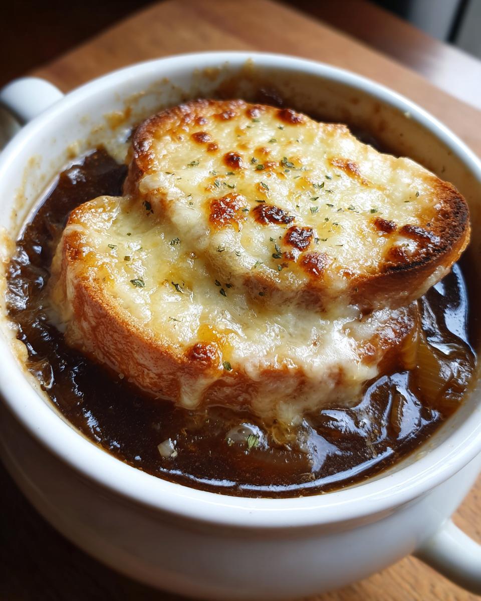 Close-up of a rich, dark french onion soup recipe topped with a thick, cheesy, broiled crouton.