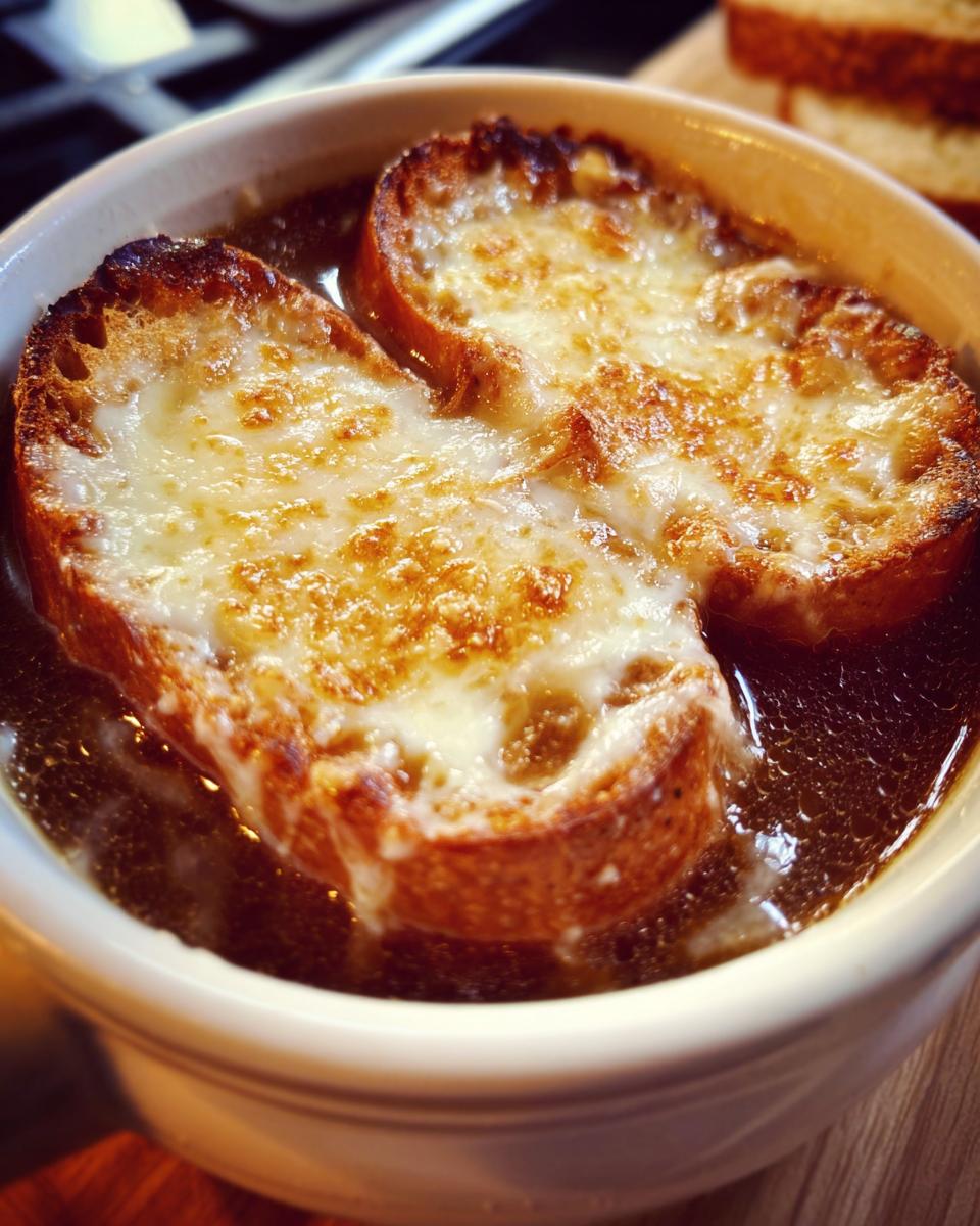 Close-up of a bowl of rich french onion soup recipe topped with a toasted baguette slice covered in melted, browned cheese.
