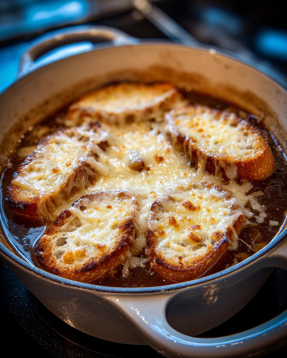 Close-up of bubbling french onion soup recipe topped with toasted bread and melted, browned Gruyère cheese.