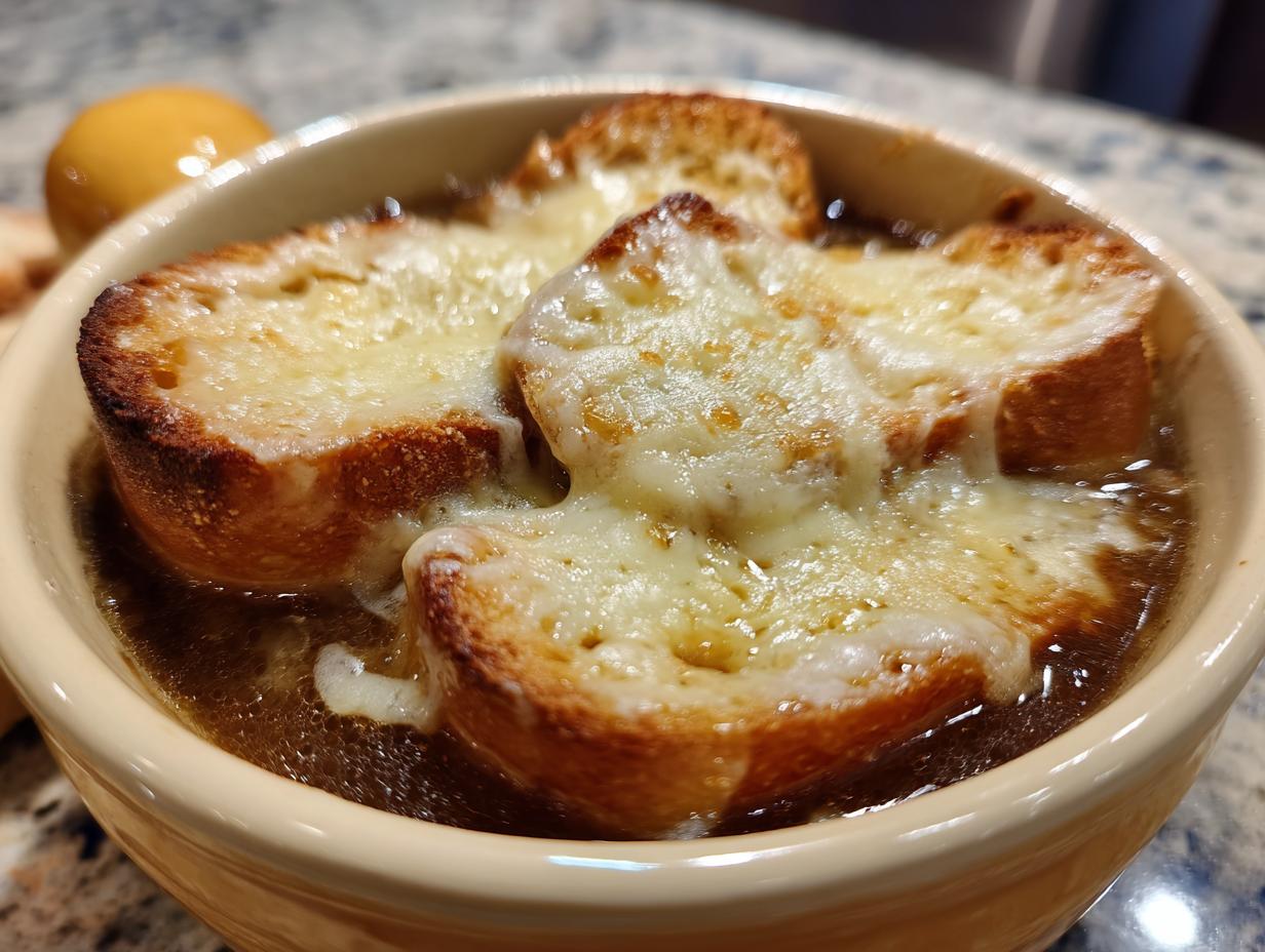 Close-up of a bowl of rich french onion soup recipe topped with toasted bread and bubbly melted Gruyère cheese.