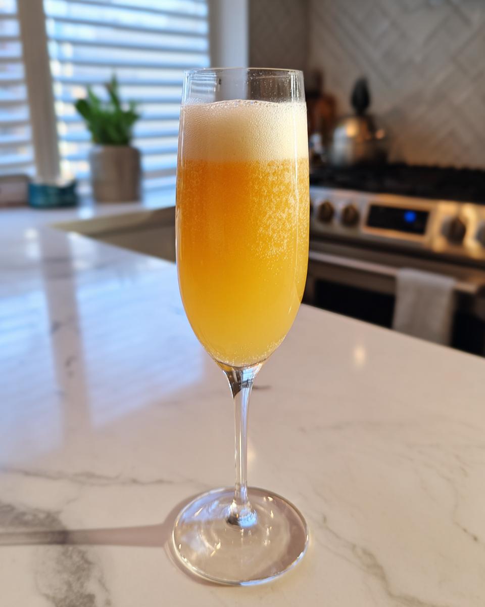 A bright orange bellini recipe cocktail with a frothy white top, served in a tall champagne flute on a marble counter.