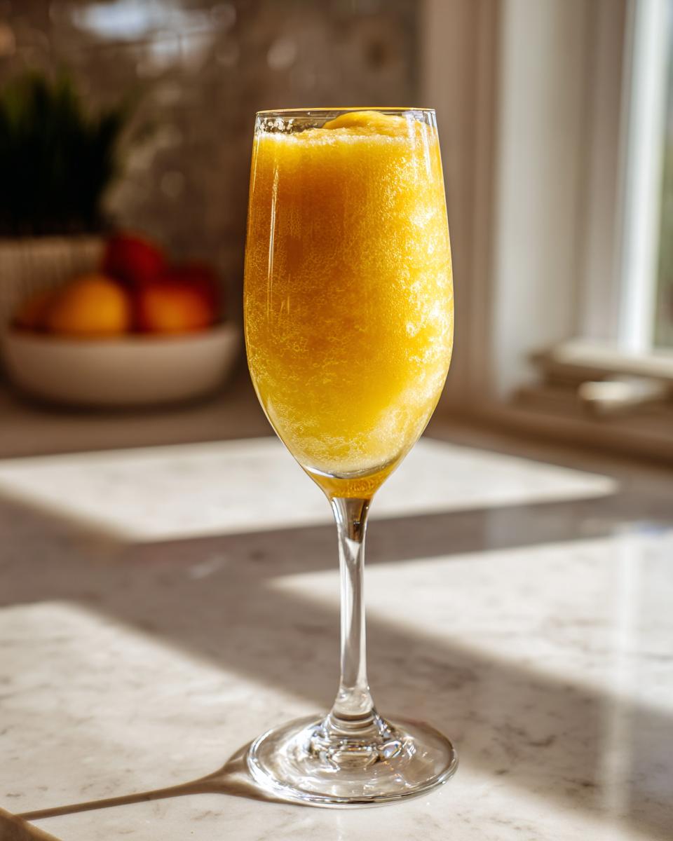 A tall flute glass filled with a bright orange, frozen bellini recipe mixture sitting on a sunny marble countertop.