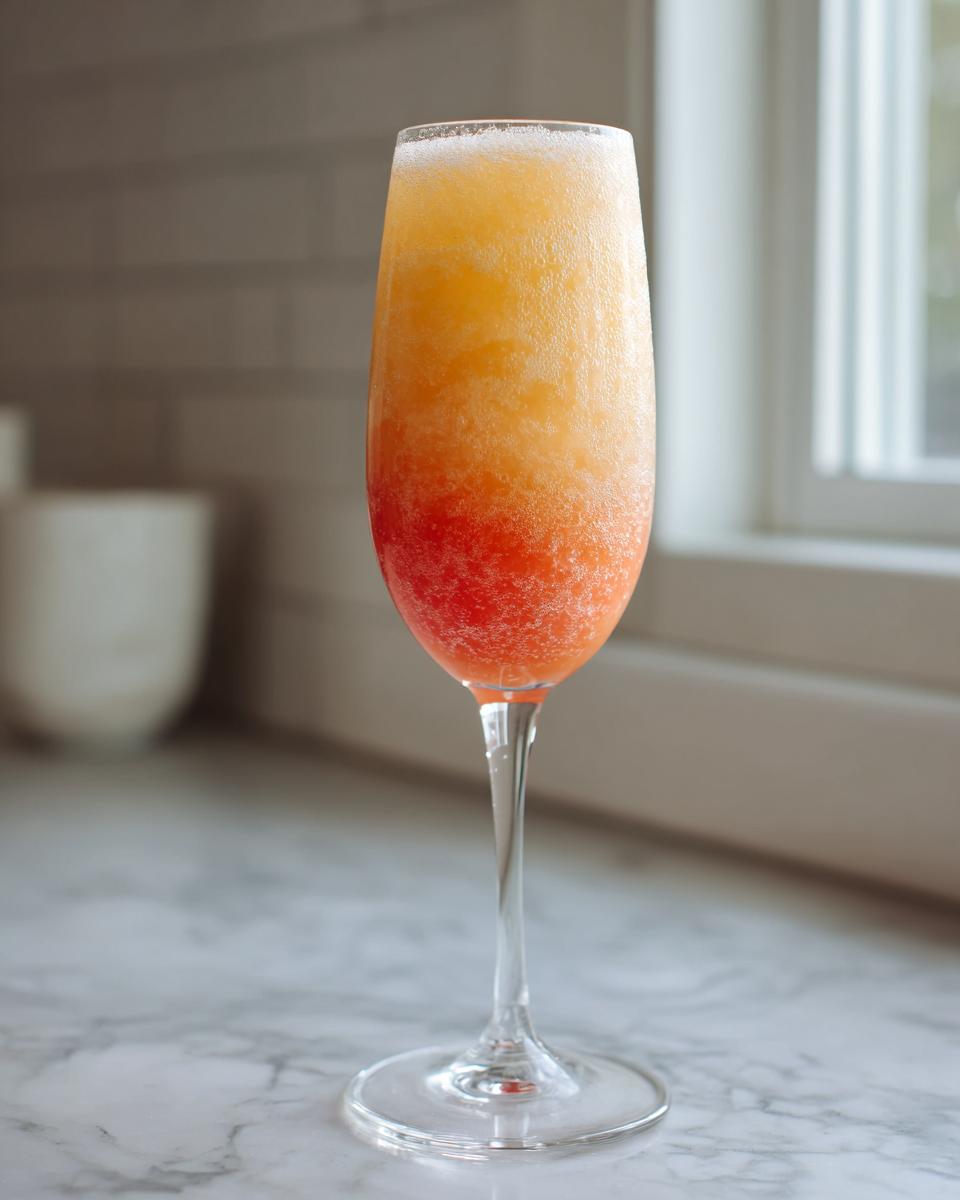 A vibrant, frozen bellini recipe served in a tall champagne flute glass on a marble counter.