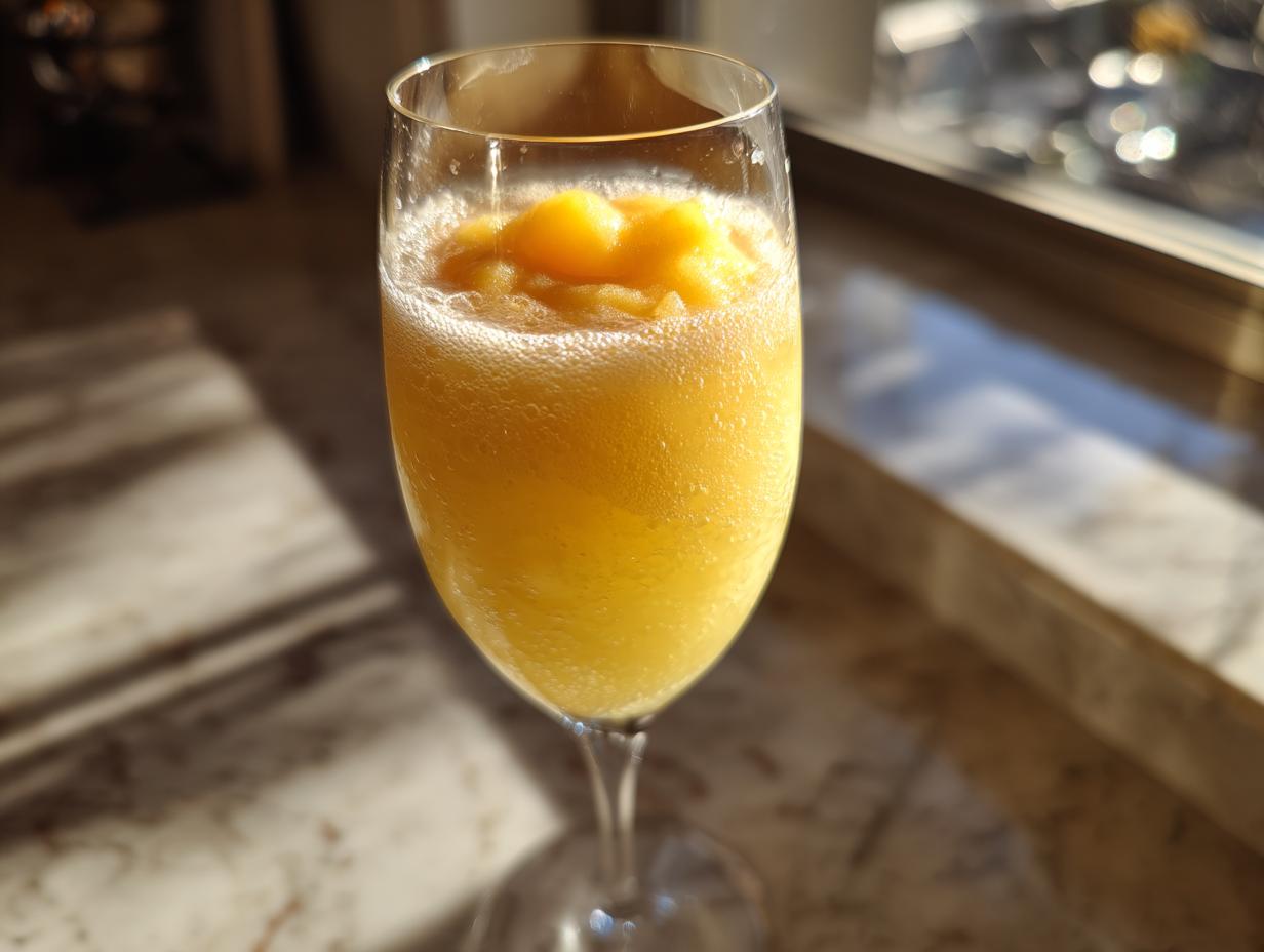 A refreshing frozen bellini recipe served in a champagne flute, topped with a scoop of sorbet.