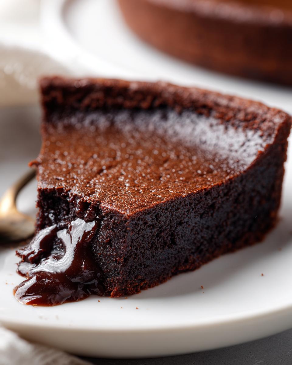 Close-up of a rich, dark slice of fudge pie showing a gooey, molten chocolate center oozing onto a white plate.