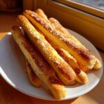 A plate piled high with golden brown, freshly baked garlic parmesan breadsticks sprinkled with grated cheese.