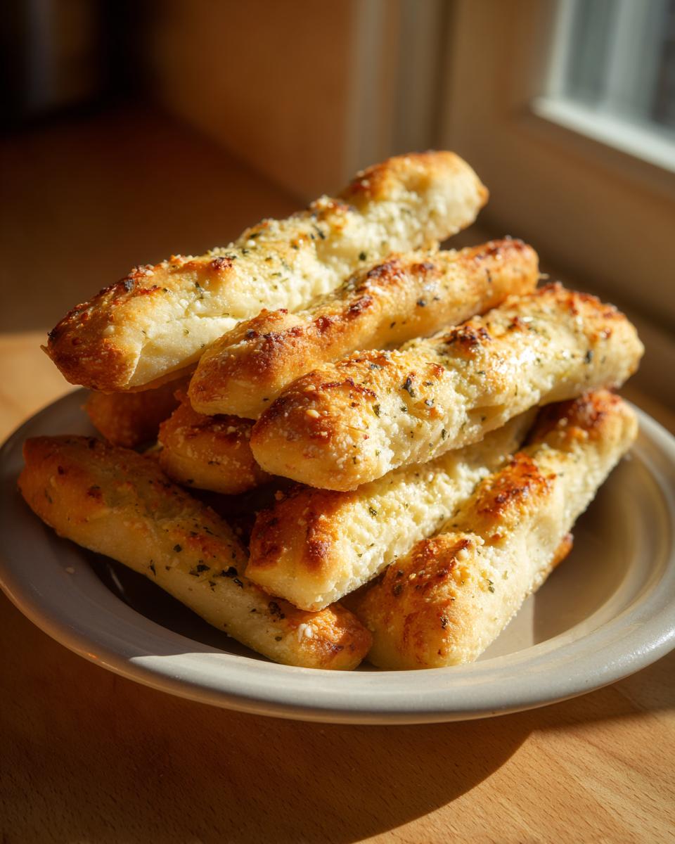 A stack of freshly baked, golden Garlic Parmesan breadsticks topped with herbs and cheese, served on a light-colored plate.