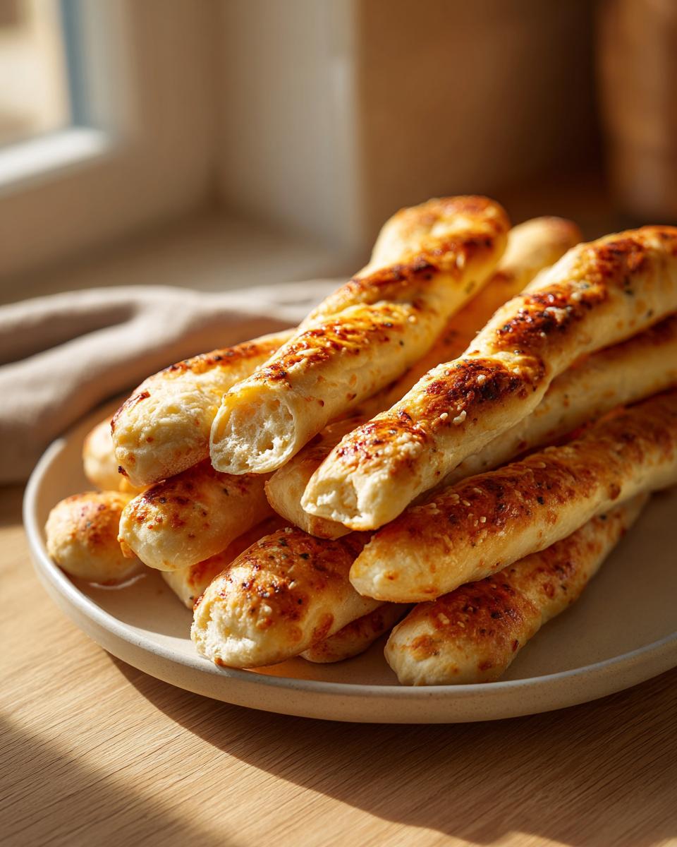 A stack of freshly baked, golden brown garlic parmesan breadsticks piled high on a light-colored plate.