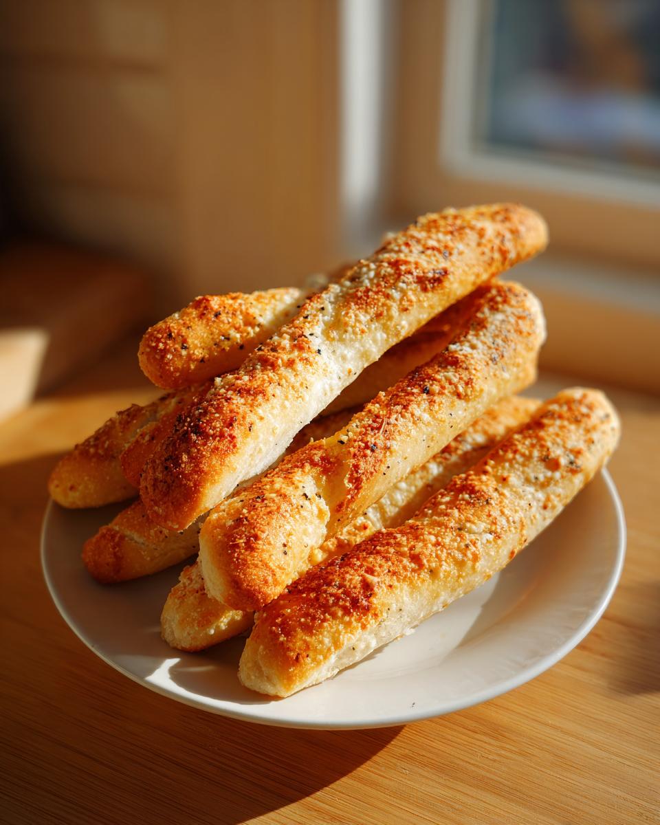 A stack of golden, cheesy Garlic Parmesan breadsticks lightly seasoned with pepper on a white plate.