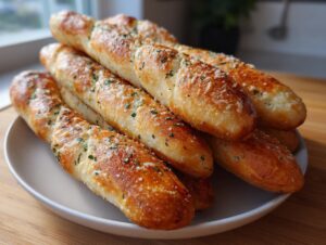 A stack of golden brown, freshly baked garlic parmesan breadsticks sprinkled with herbs and cheese.
