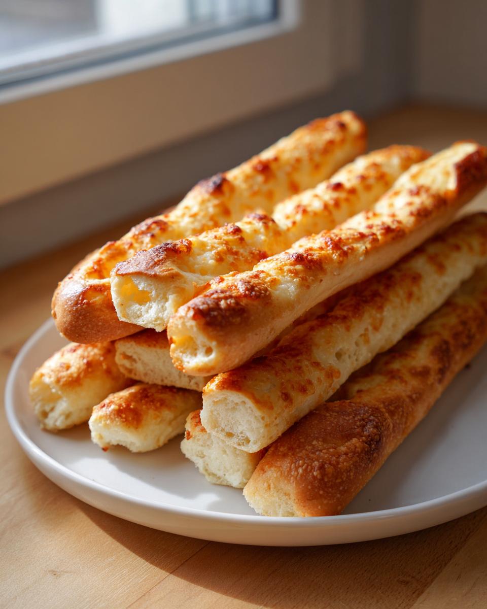A stack of freshly baked, golden Garlic Parmesan breadsticks piled high on a white plate near a window.