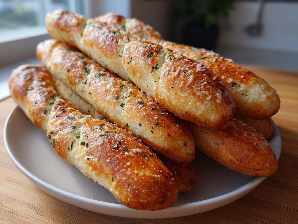 A stack of golden brown, freshly baked garlic parmesan breadsticks sprinkled with herbs and cheese.