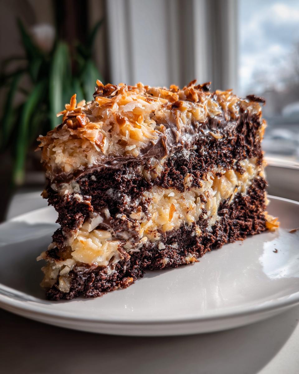 A tall slice of rich german chocolate cake layered with coconut-pecan filling and topped with toasted coconut.
