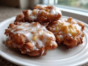 Close-up of three golden brown, glazed apple fritter pastries stacked slightly on a white plate.