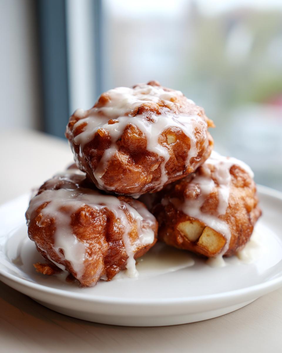 A stack of three golden-brown, glazed apple fritter pastries sitting on a white plate near a window.