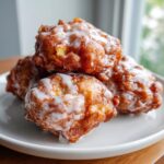 A stack of four golden-brown, glazed apple fritter pastries piled on a white plate.