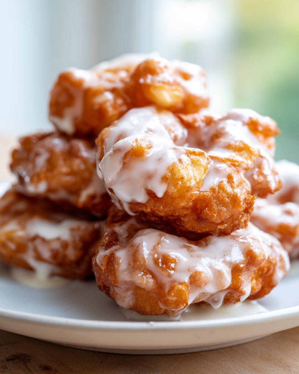 Close-up of a stack of golden-brown, irregularly shaped apple fritter covered in thick white glaze.