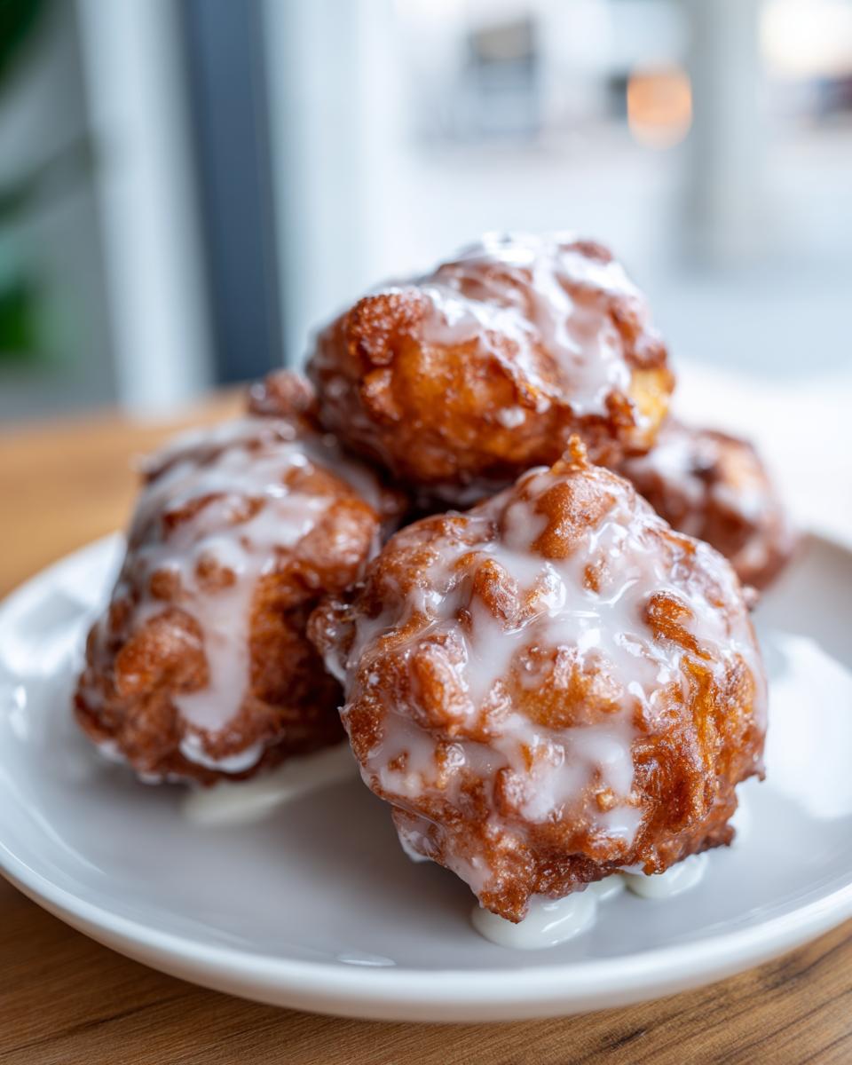 Close-up of several golden brown, irregularly shaped apple fritter pieces drizzled generously with white glaze.