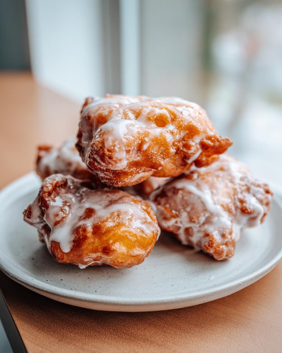 A stack of golden brown, irregularly shaped apple fritter pastries generously drizzled with white glaze.