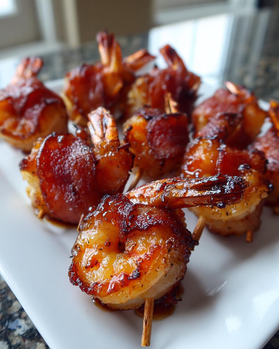 Close-up of several glazed bacon wrapped shrimp appetizers served on a white platter, secured with toothpicks.