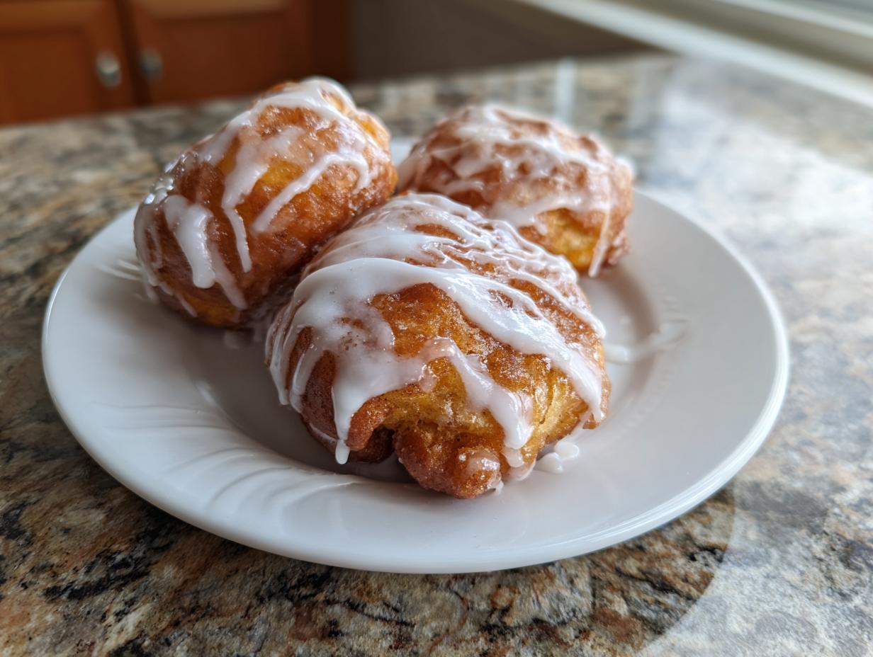 Three golden brown baked apple fritters drizzled generously with white vanilla glaze, served on a white plate.