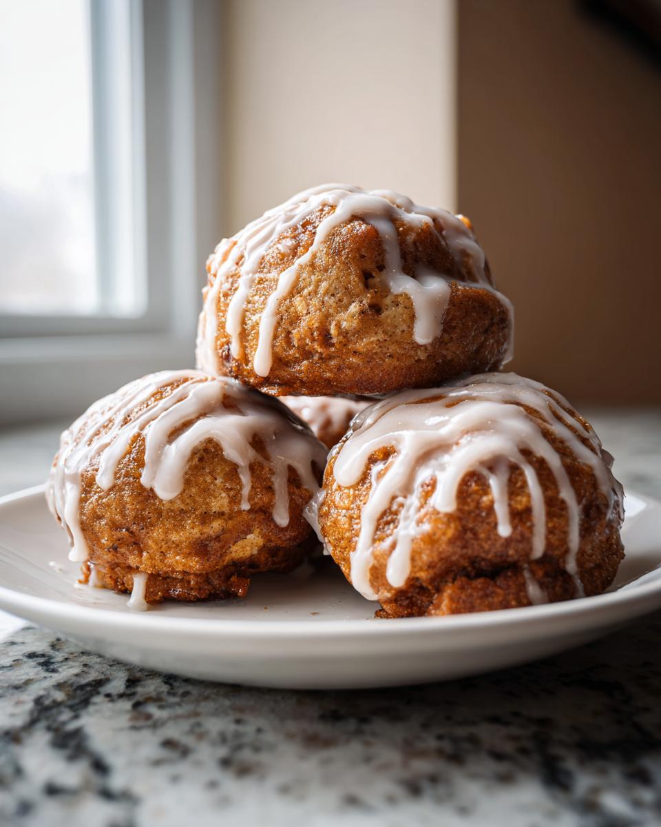 A stack of three golden brown baked apple fritters generously drizzled with white glaze, sitting on a white plate.