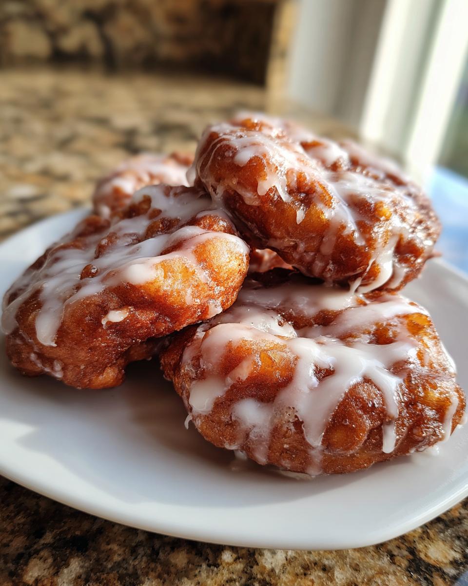 Close-up of several golden brown baked apple fritters drizzled generously with white glaze, stacked on a white plate.
