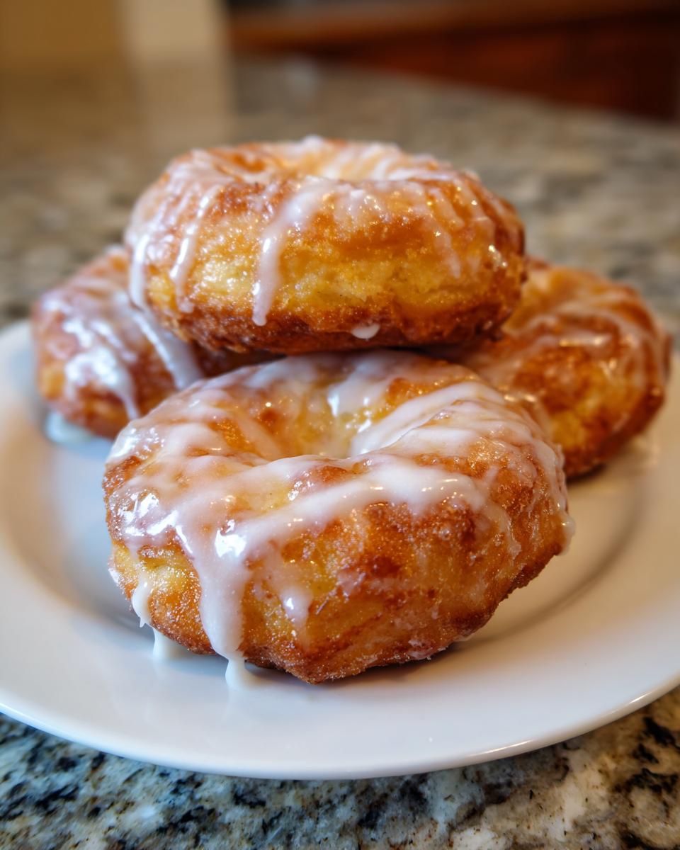 A stack of four golden brown baked apple fritters generously drizzled with white icing.