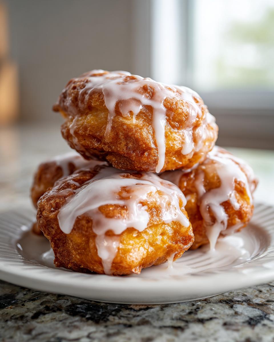 A stack of golden brown baked apple fritters generously drizzled with white vanilla glaze, sitting on a white plate.