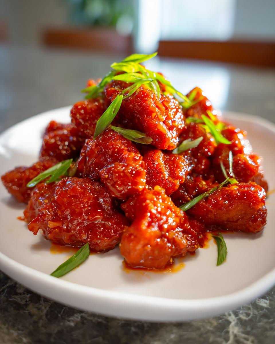 Close-up of glistening, bright red gochujang chicken pieces piled on a white plate and garnished with sliced green onions.
