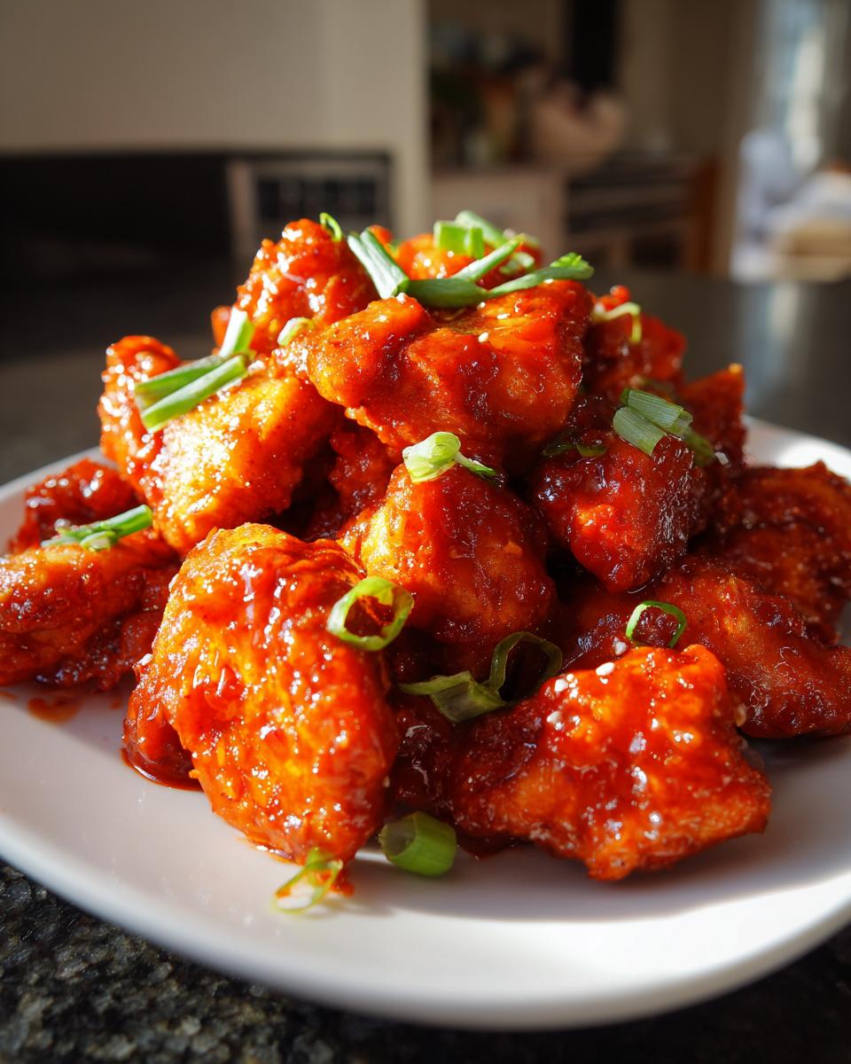 Close-up of crispy, glazed gochujang chicken pieces piled high on a white plate, garnished with sliced green onions.