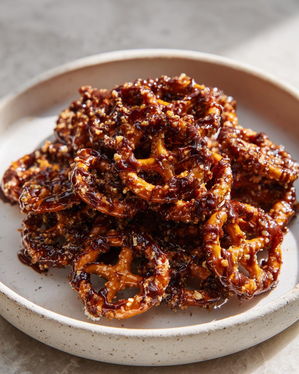 A pile of crunchy, glazed toffee pretzels coated in a rich, dark caramel mixture, served on a speckled white plate.