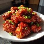 Close-up of crispy, glazed gochujang chicken pieces garnished with sesame seeds and sliced green onions.