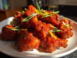 Close-up of sticky, glazed gochujang chicken pieces garnished with sliced green onions on a white plate.