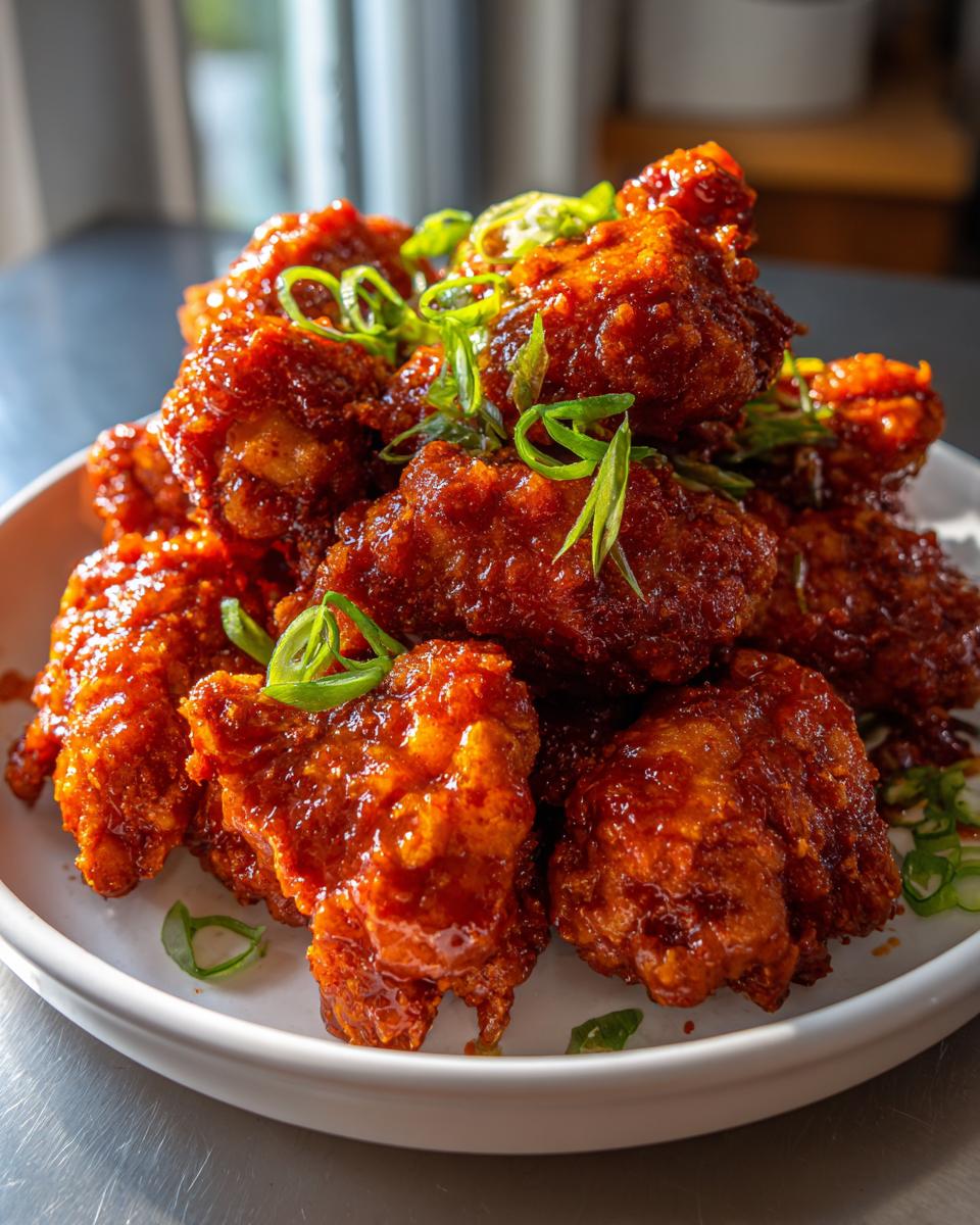 Close-up of crispy, glazed gochujang chicken pieces piled high on a white plate and garnished with sliced green onions.